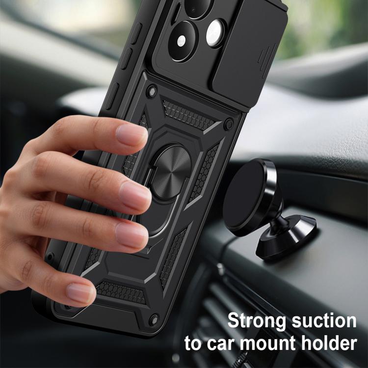 Rugged black phone case with ring kickstand and car mount suction holder