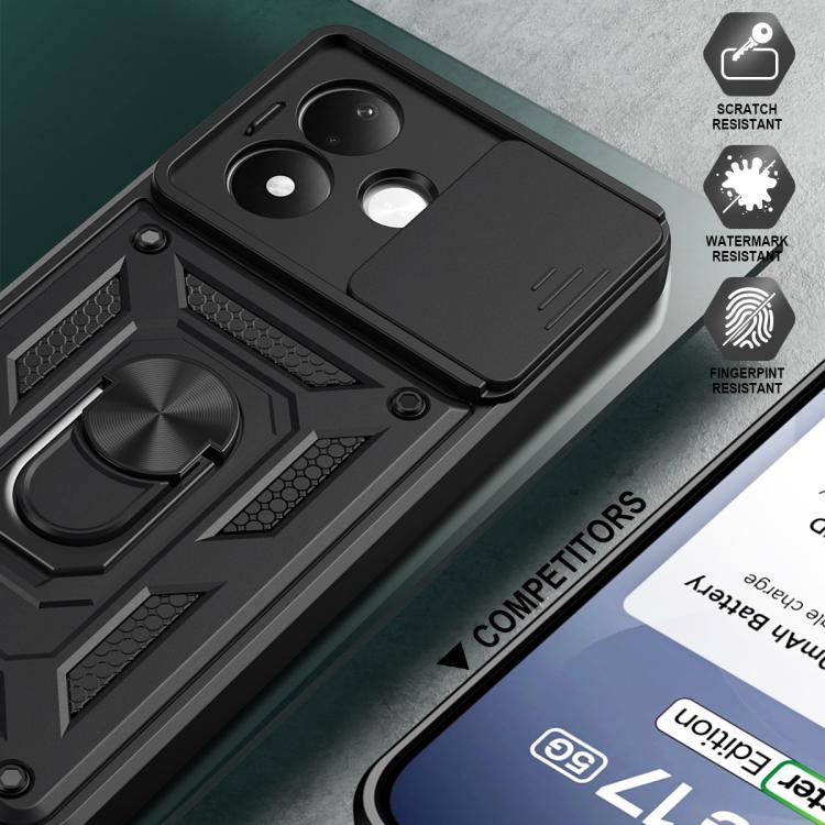 Rugged black phone case with sliding camera cover and ring kickstand