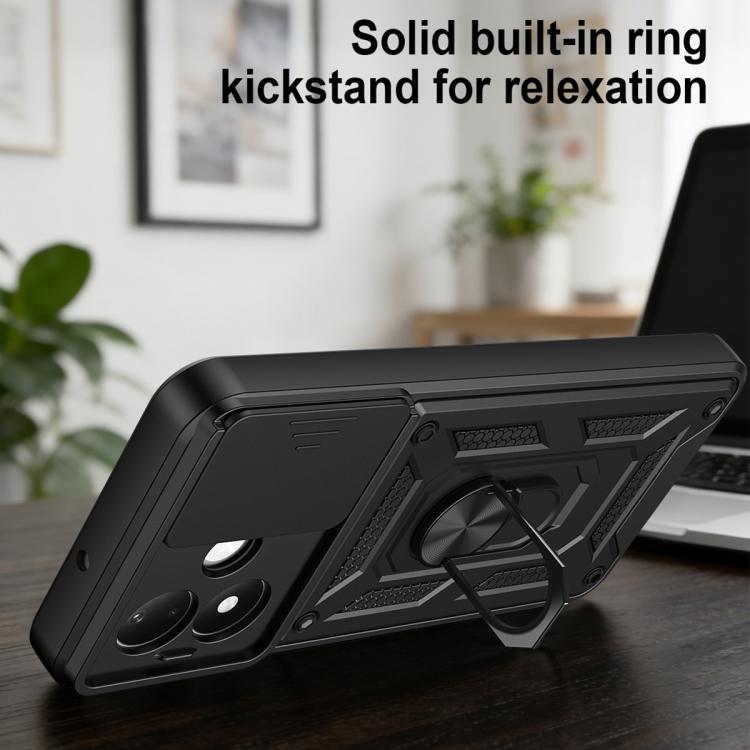Rugged black phone case with built-in ring kickstand for stand support