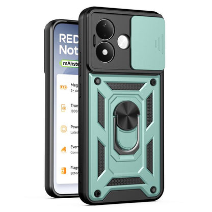 Rugged sliding camera cover phone case with black frame and teal accents