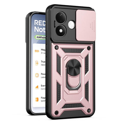 Rugged sliding camera cover phone case with black frame and pink accents