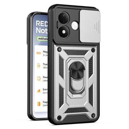 Rugged sliding camera cover phone case with black frame and light gray accents