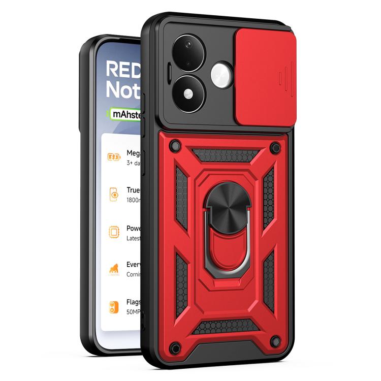 Sliding camera cover phone case with black and red armor design, raised ring grip