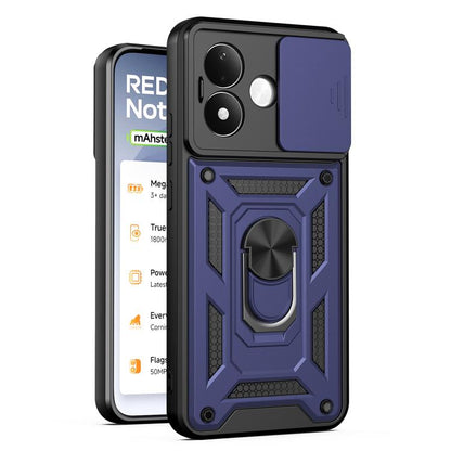 Sliding camera cover phone case with black and blue armor design, raised ring grip