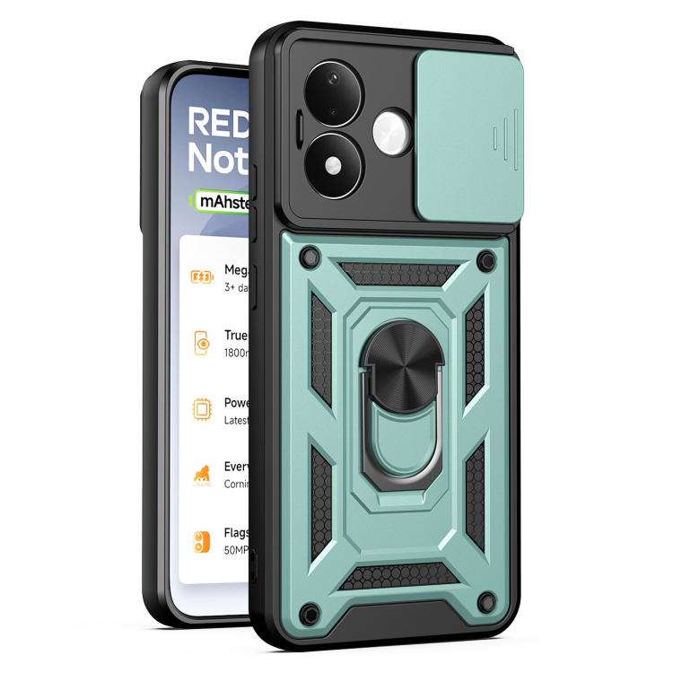 Sliding camera cover phone case with black and teal armor design, raised ring grip