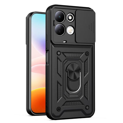 Sliding camera cover phone case with black armored design and raised ring grip