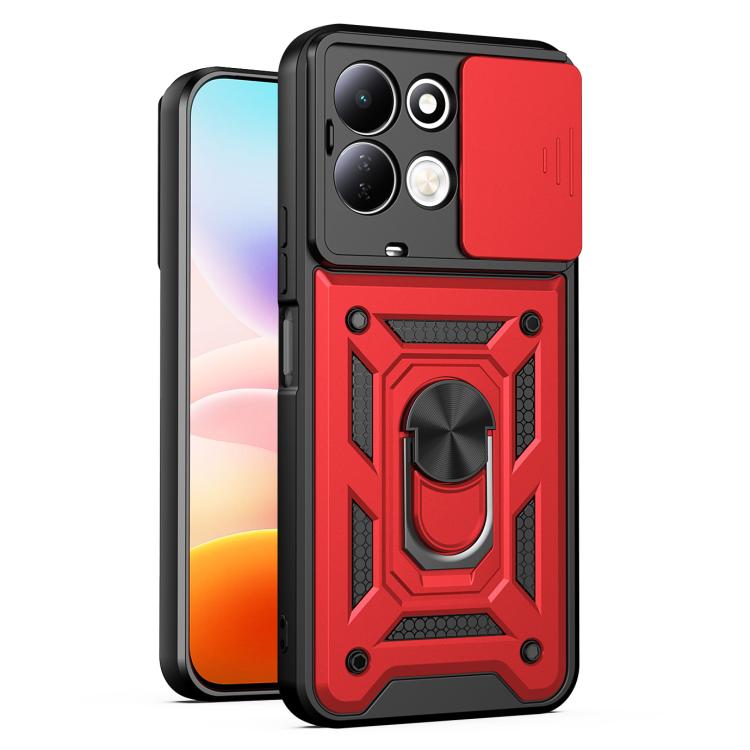 Sliding camera cover phone case with black and red armored design, camera cutouts