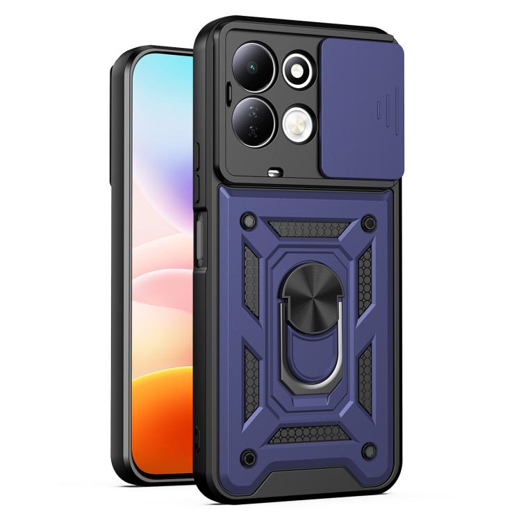 Rugged sliding camera cover phone case in dark blue with protective bumper and stand