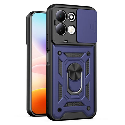Rugged sliding camera cover phone case in dark blue with protective bumper and stand