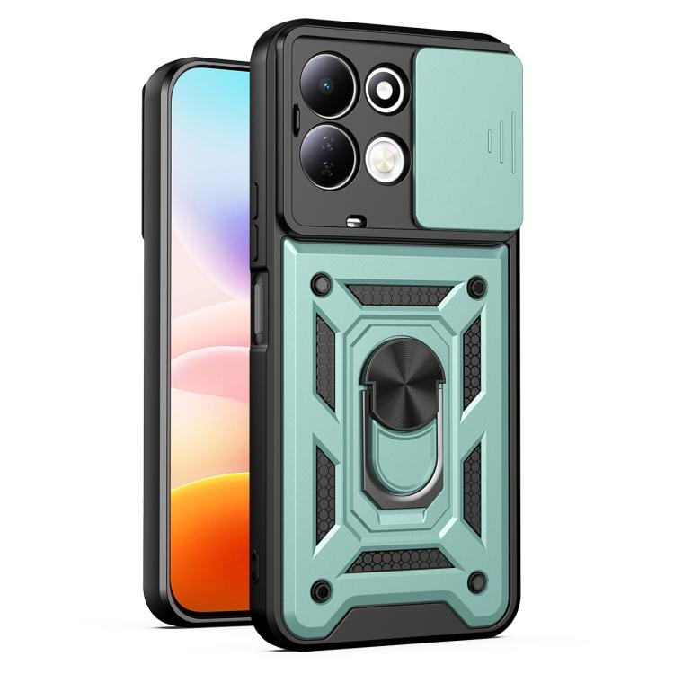 Rugged sliding camera cover phone case in teal with protective bumper and stand