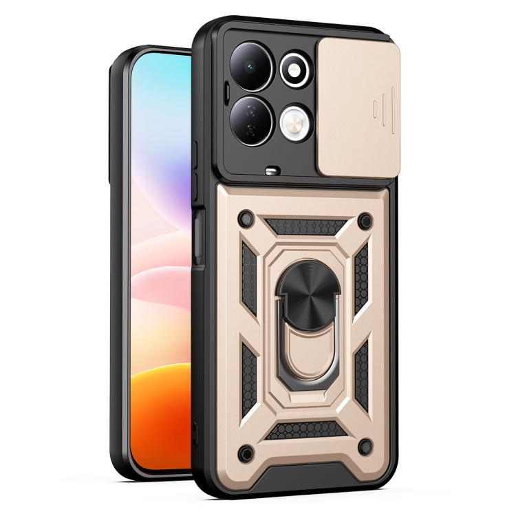 Rugged sliding camera cover phone case in beige with protective bumper and built-in stand