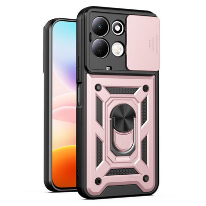 Rugged sliding camera cover phone case in pink with protective bumper and built-in stand