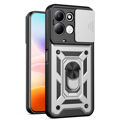 Rugged sliding camera cover phone case in light gray with protective bumper and built-in stand