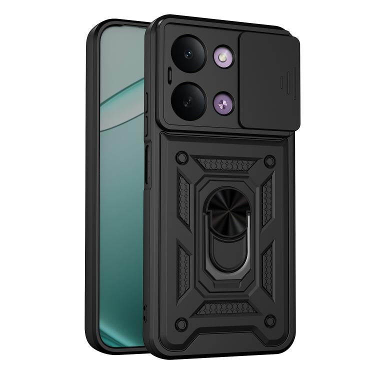 Rugged sliding camera cover phone case in matte black with textured grip details