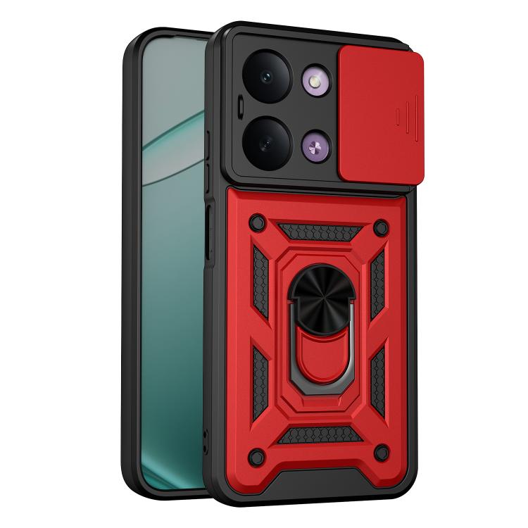 Rugged sliding camera cover phone case with black frame and red accents