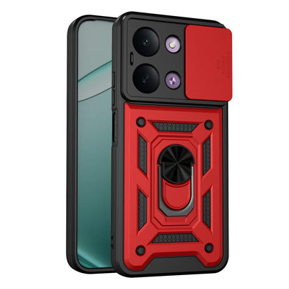Rugged sliding camera cover phone case with black frame and red accents