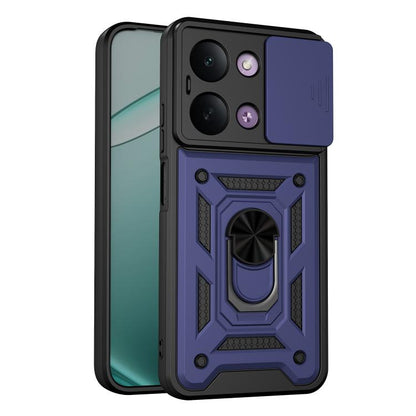 Rugged sliding camera cover phone case with black frame and blue accents