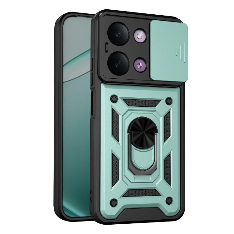 Rugged sliding camera cover phone case with black frame and mint teal accents