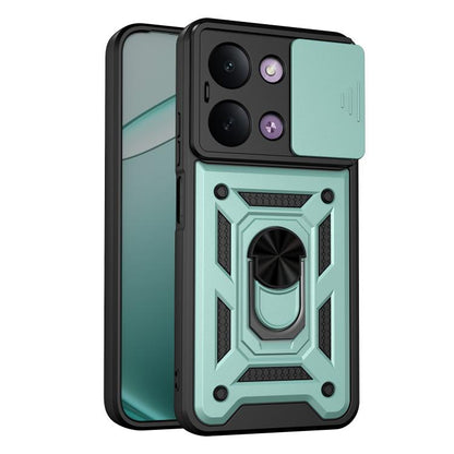 Rugged sliding camera cover phone case with black frame and mint teal accents