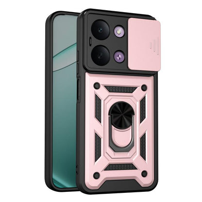 Rugged sliding camera cover phone case with black frame and light pink accents