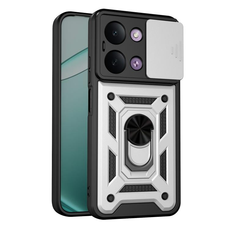 Sliding camera cover phone case with black and white armor design, raised ring grip