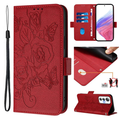 Red embossed rose RFID leather flip phone case with wrist strap and card slots