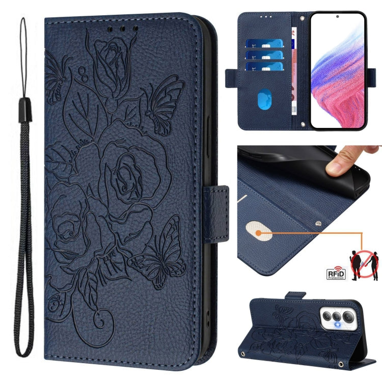 Dark blue embossed rose RFID leather flip phone case with wrist strap and card slots