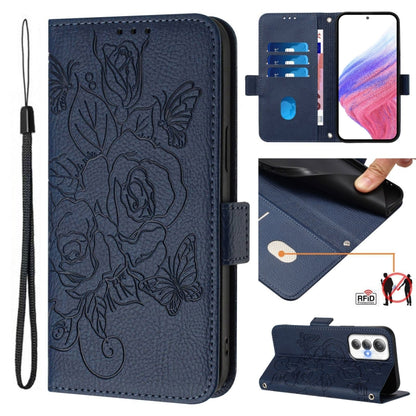 Dark blue embossed rose RFID leather flip phone case with wrist strap and card slots