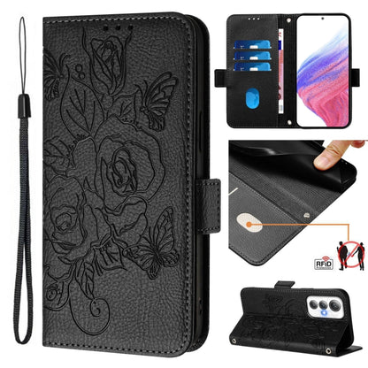 Black embossed rose RFID leather flip phone case with wrist strap and card slots