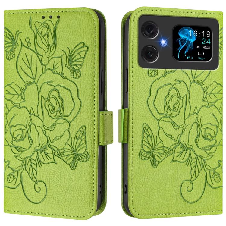 Light green embossed rose leather flip phone case with magnetic flap and camera cutout