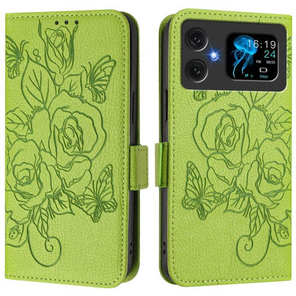 Light green embossed rose leather flip phone case with magnetic flap and camera cutout