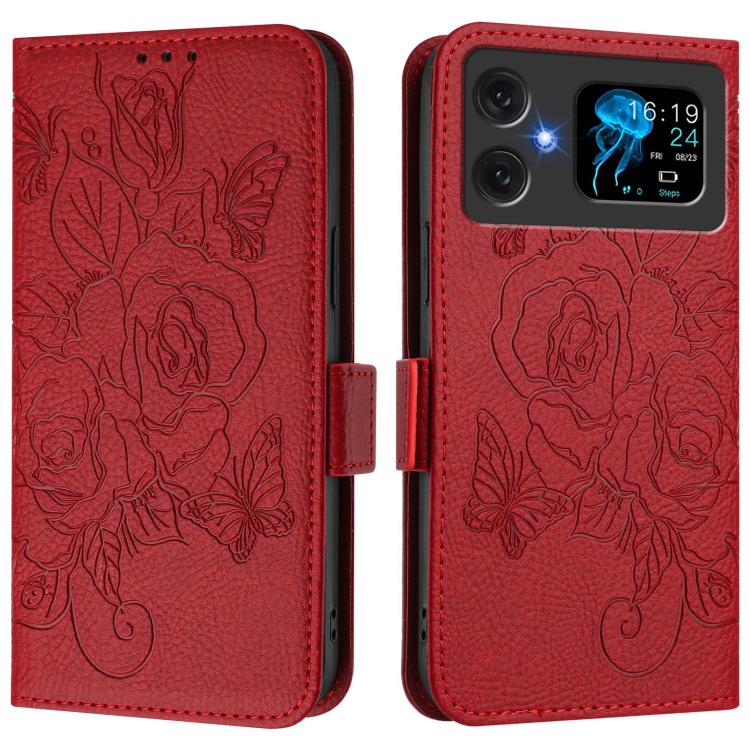 Red embossed rose leather flip phone case with magnetic flap and camera cutout