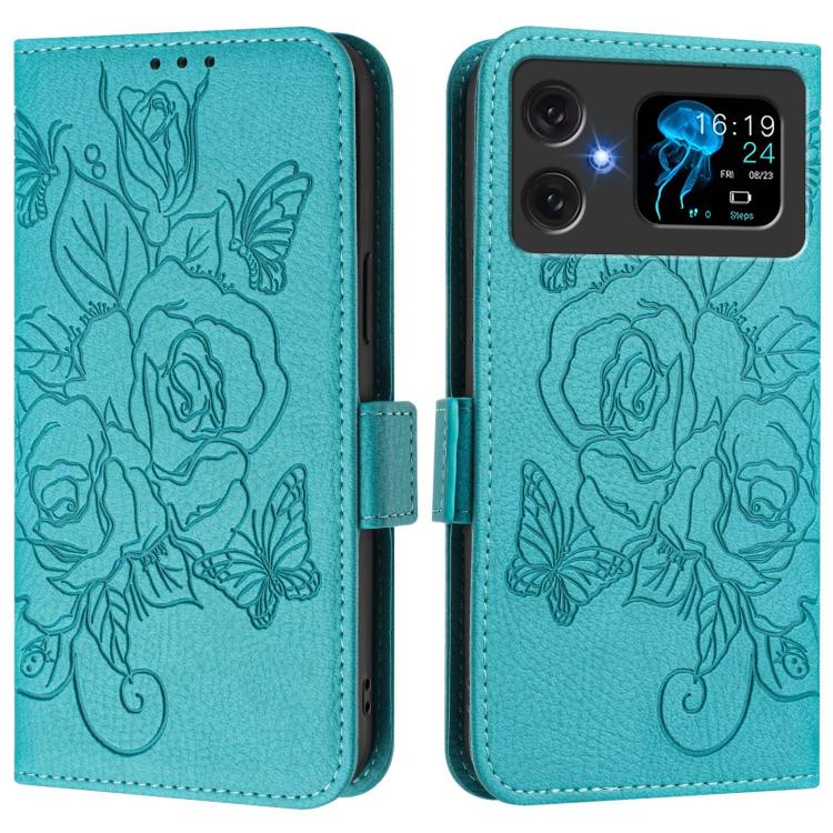 Teal embossed rose leather flip phone case with magnetic flap and camera cutout