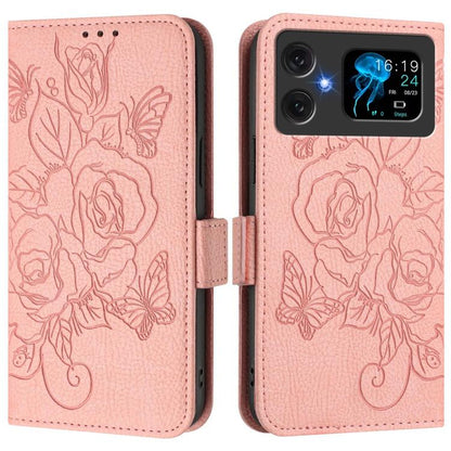 Pink embossed rose leather flip phone case with magnetic flap and camera cutout