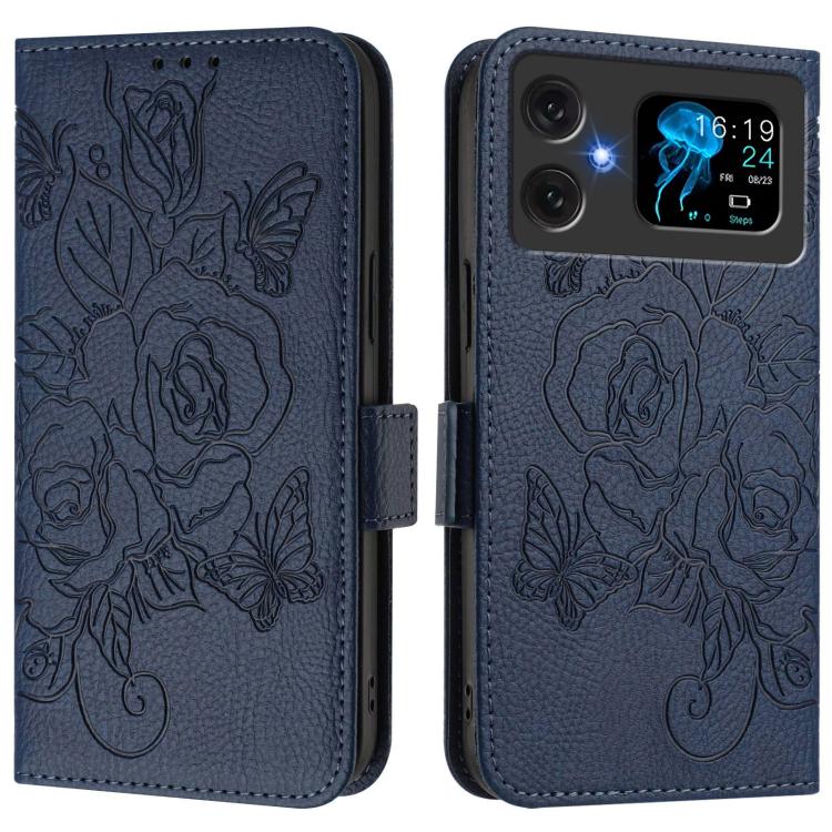 Dark blue embossed rose leather flip phone case with magnetic flap and camera cutout