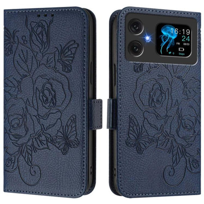 Dark blue embossed rose leather flip phone case with magnetic flap and camera cutout