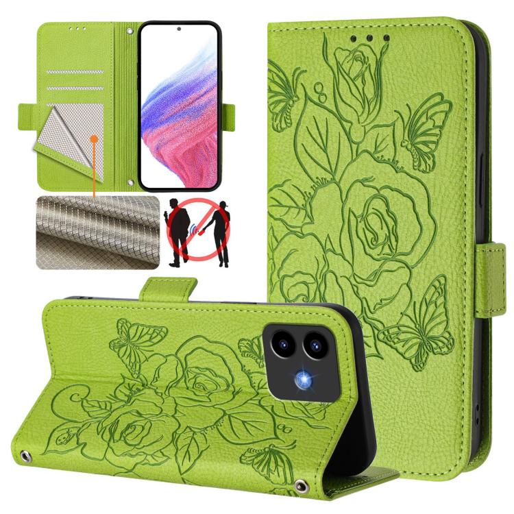 RFID leather phone case, lime green with embossed rose pattern and flip cover