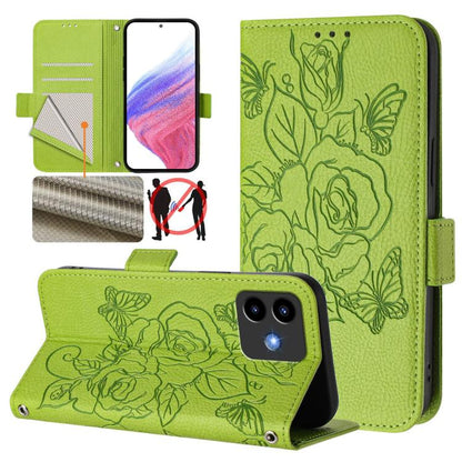 RFID leather phone case, lime green with embossed rose pattern and flip cover