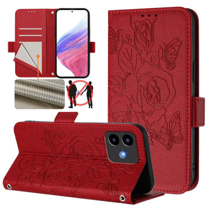 RFID leather phone case, red with embossed rose pattern and flip cover