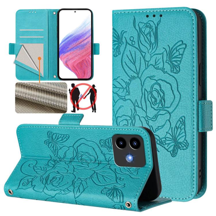 RFID leather phone case, light blue with embossed rose pattern and flip cover