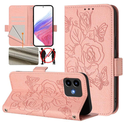RFID leather phone case, pink with embossed rose pattern and flip cover