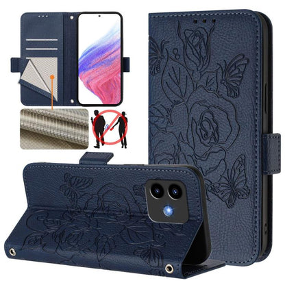 RFID leather phone case, navy with embossed rose pattern and wrist strap
