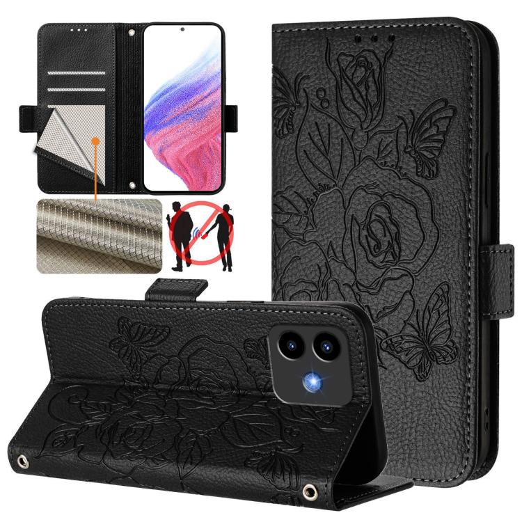 RFID leather phone case, black with embossed rose pattern and flip cover