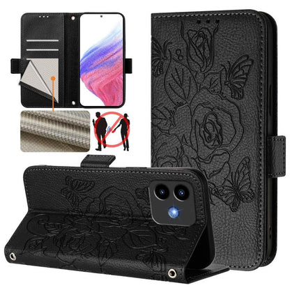 RFID leather phone case, black with embossed rose pattern and flip cover