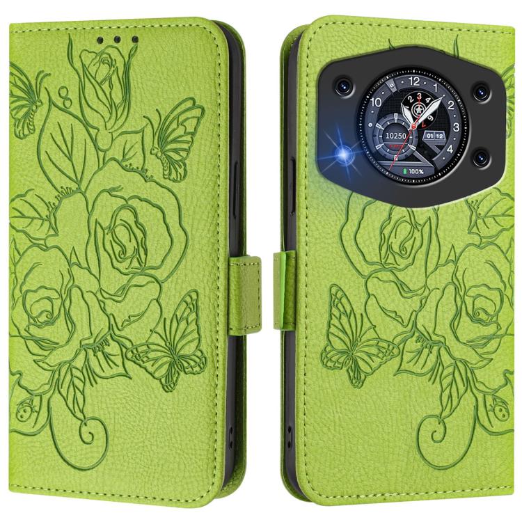 RFID anti-theft leather phone case, light green embossed rose floral, camera cutout