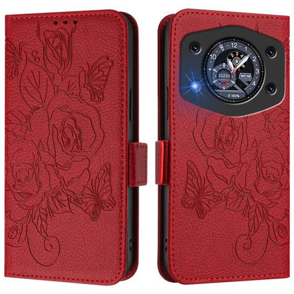 RFID anti-theft leather phone case, red embossed rose floral, camera cutout
