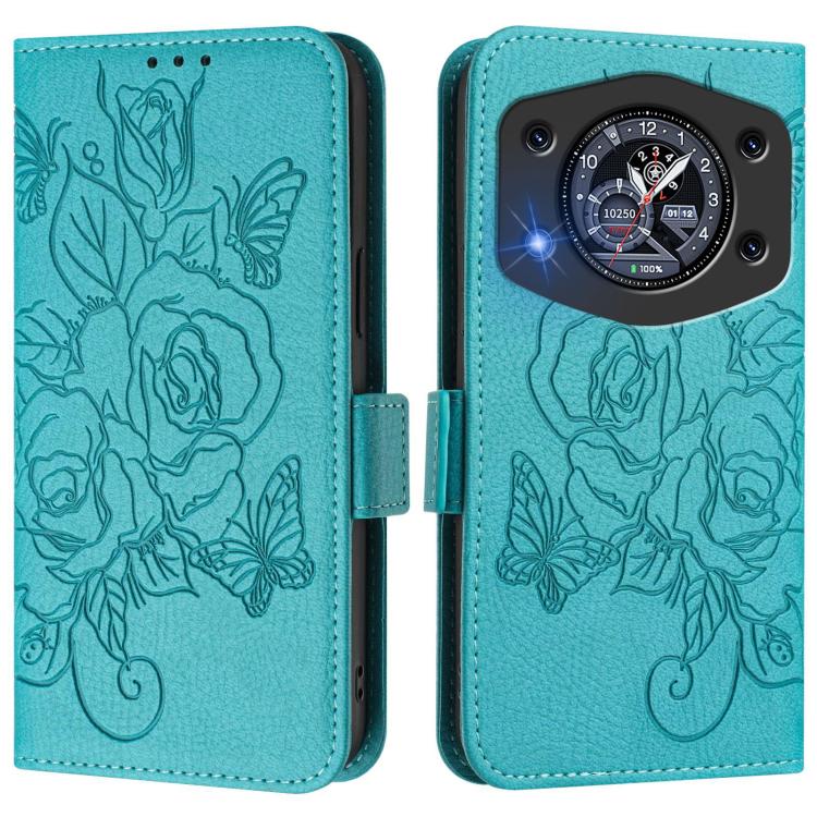 Teal embossed rose leather flip phone case with magnetic flap and camera cutout