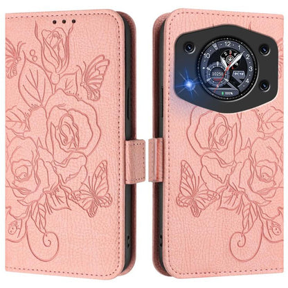 Pink embossed rose leather flip phone case with magnetic flap and camera cutout