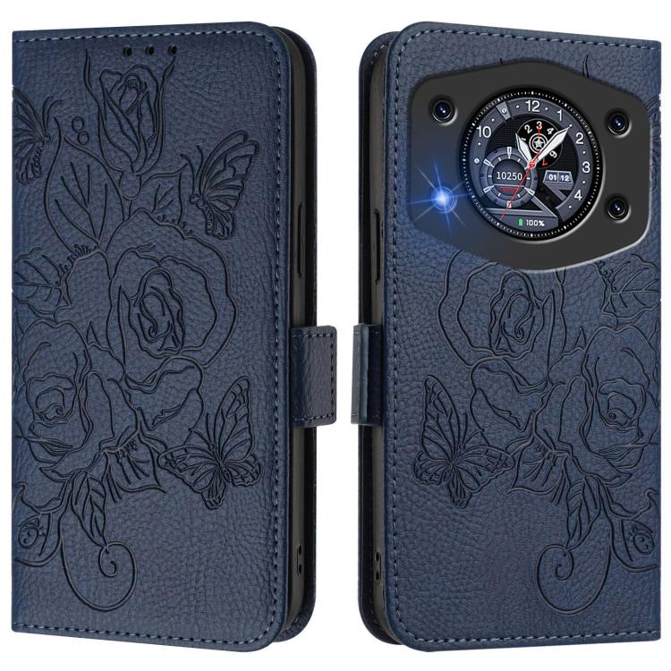 Dark blue embossed rose leather flip phone case with magnetic flap and camera cutout