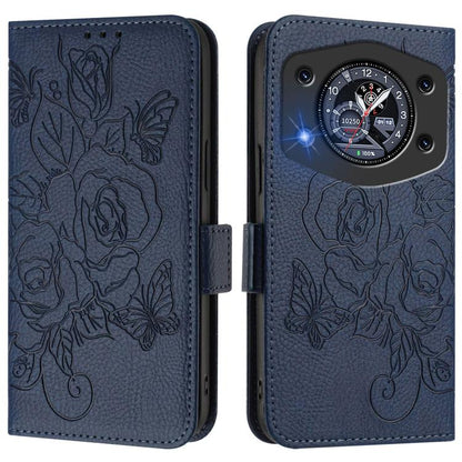 Dark blue embossed rose leather flip phone case with magnetic flap and camera cutout